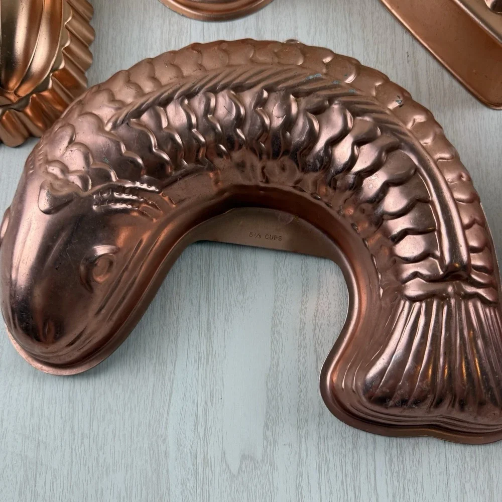 5 Vtg Copper Aluminum Jello Cake Molds Wall Hanging Heart Fish Bunt Oval Melon